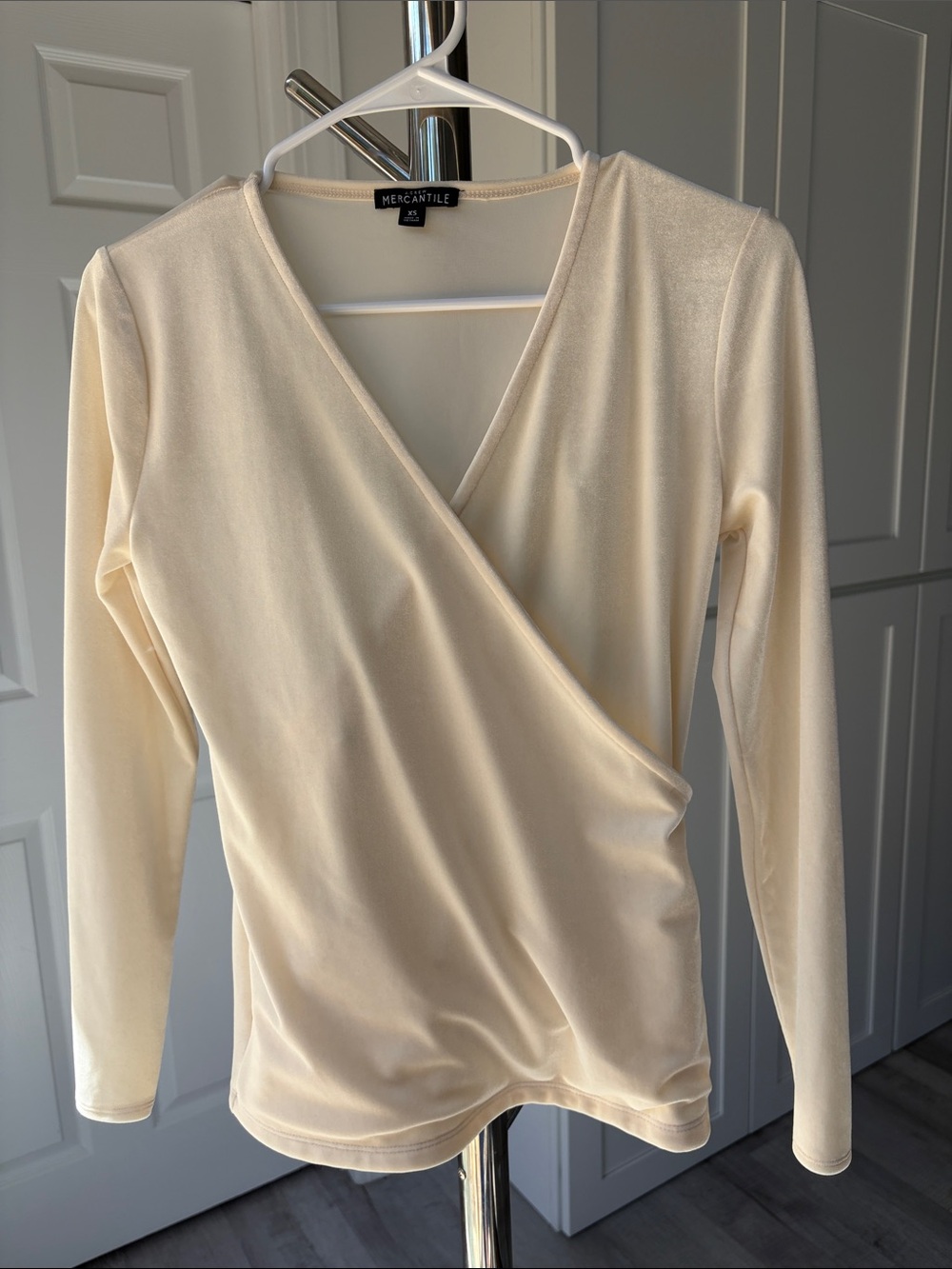 J. Crew Cream Velvet Wrap-Front Long Sleeve Top, Size XS.